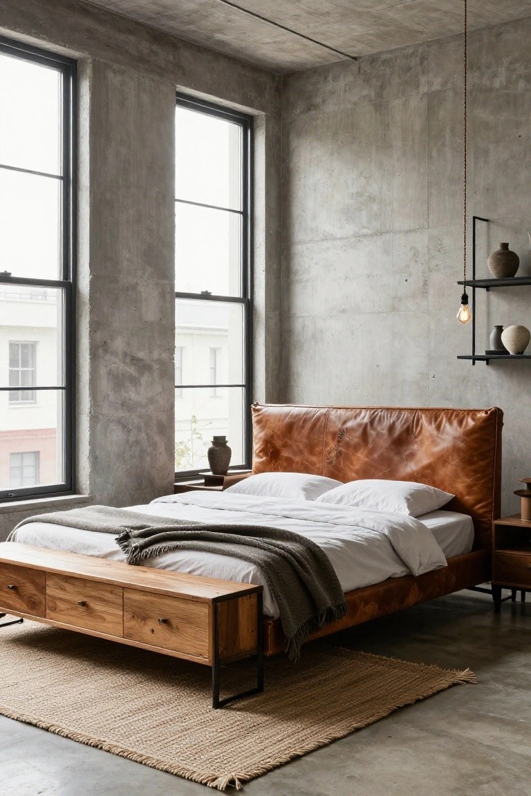 Modern bedroom featuring a tan tufted leather headboard bed with white bedding and gray throw, wooden bench at the foot, seagrass rug on polished concrete floor, large black-framed windows, and hanging bulb light with shelves.