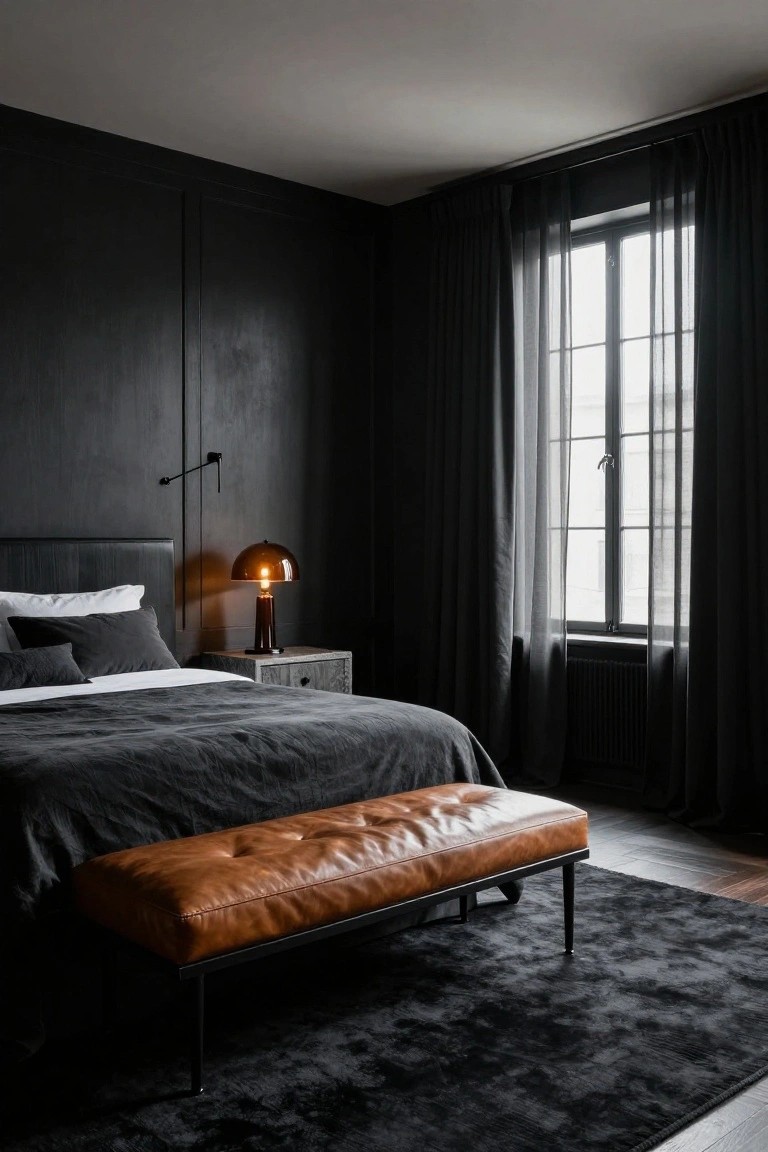 Dark bedroom with black walls, brown leather bench, and glowing lamp.