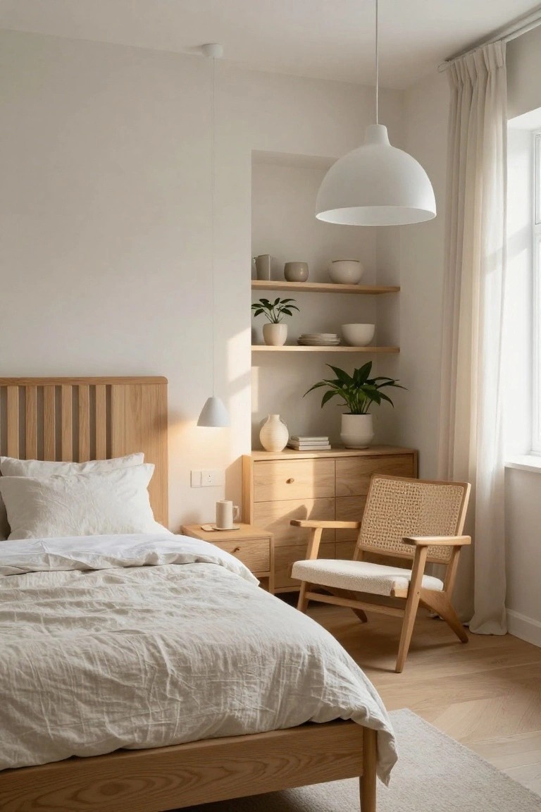A bedroom with light oak slatted headboard bed dressed in white linens, matching oak dresser, rattan chair with white cushion, floating wood shelves holding ceramics and plants, white wall lamp, and window with sheer curtains on oak flooring.
