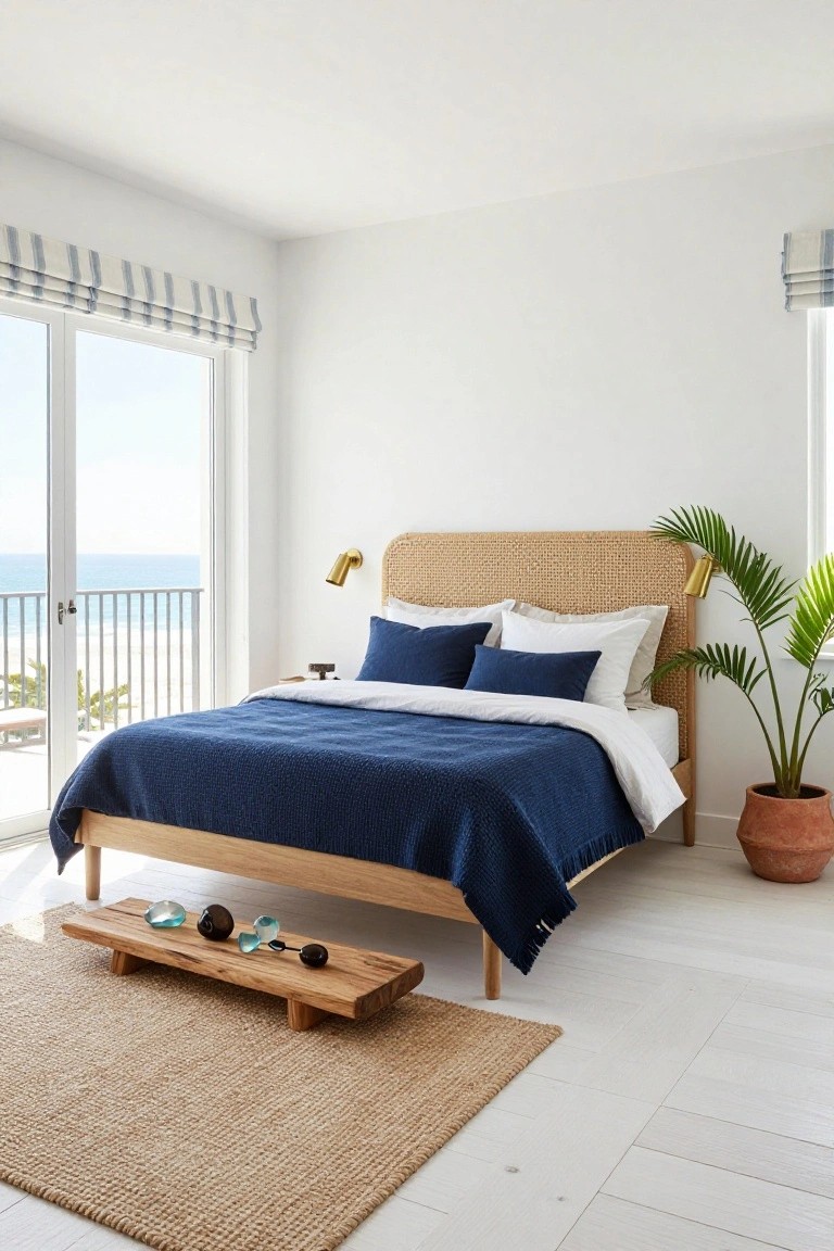 Bright coastal bedroom with rattan headboard, navy bedding, and ocean view.