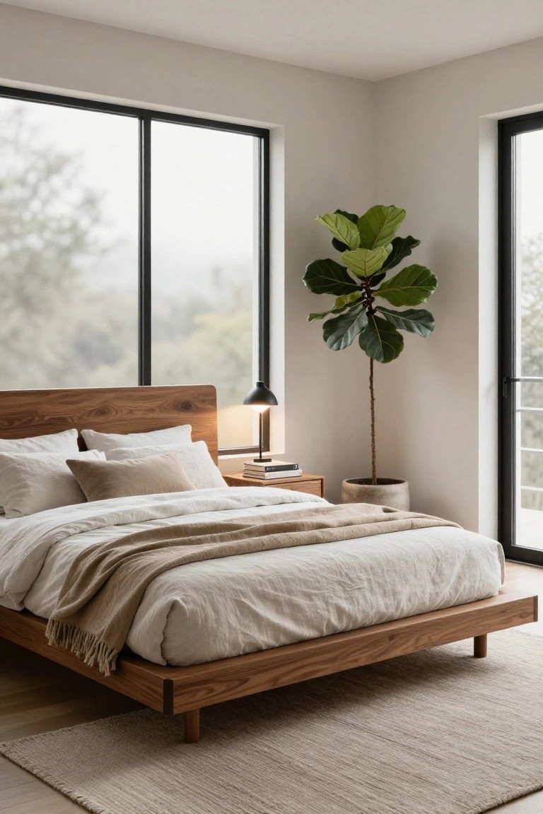Modern bedroom interior featuring a low-profile wooden platform bed with white linens and tan throw, wooden nightstand with lamp and books, large potted fiddle leaf fig plant, and floor-to-ceiling black-framed windows overlooking misty trees and landscape.