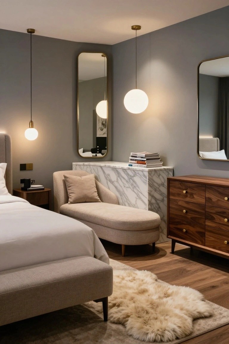 Modern bedroom with beige upholstered bed and footbench on light wood floors, curved beige chaise on white marble plinth with books stacked on it, wood nightstand and six-drawer dresser, gold-framed mirrors on gray walls, and white globe pendant lights.
