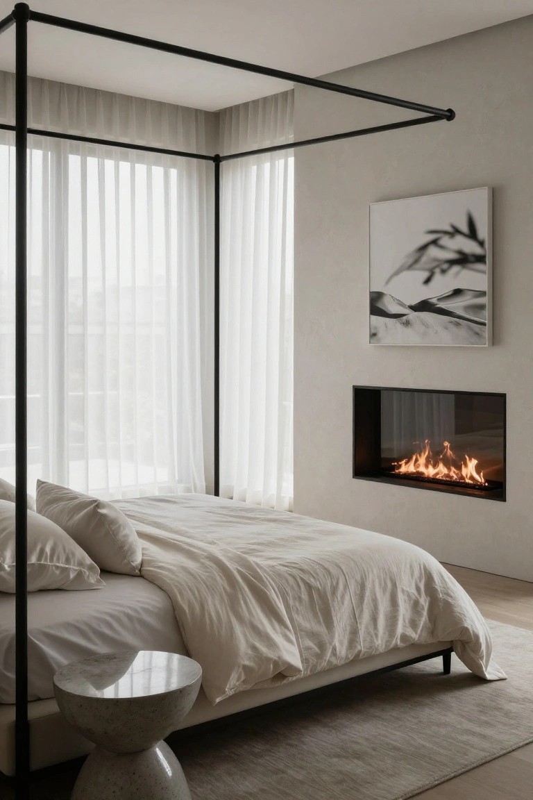 Modern bedroom interior with black metal canopy bed frame draped in white sheer fabric, beige linens, marble pedestal side table, linear gas fireplace in beige wall, large windows with sheer curtains, and abstract wall art.