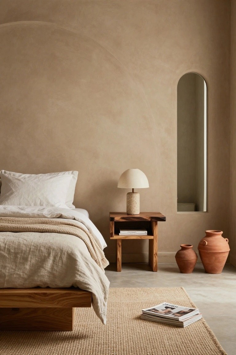 Bedroom interior with low wooden platform bed covered in beige linen bedding and throw, wooden nightstand topped with stone lamp and books, arched mirror niche in textured beige wall, two terracotta vases on floor, and seagrass rug on concrete flooring.