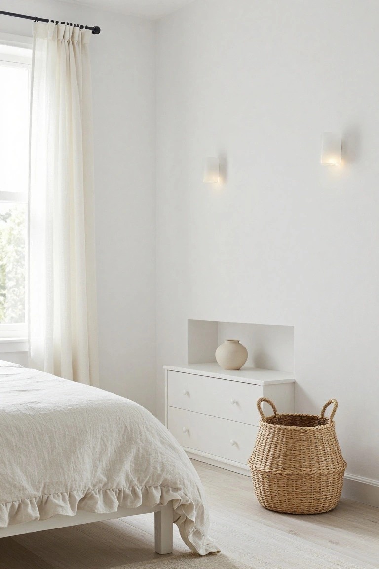 A bright white bedroom corner showing a low white bed with ruffled white linen bedding and bedskirt, a three-drawer white dresser, tall tan wicker basket on light wood floor, beige vase in wall niche, sheer curtains on window, and two white wall sconces.