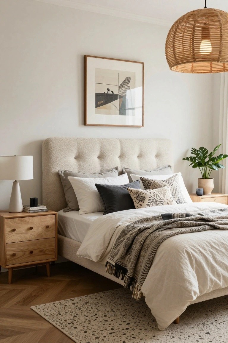 Modern bedroom with cream tufted boucle headboard on a low bed dressed in white linens and neutral patterned pillows and throw, oak nightstand holding a white lamp and books, rattan pendant light overhead, framed abstract art on wall, potted plant, and light wood floors with rug.