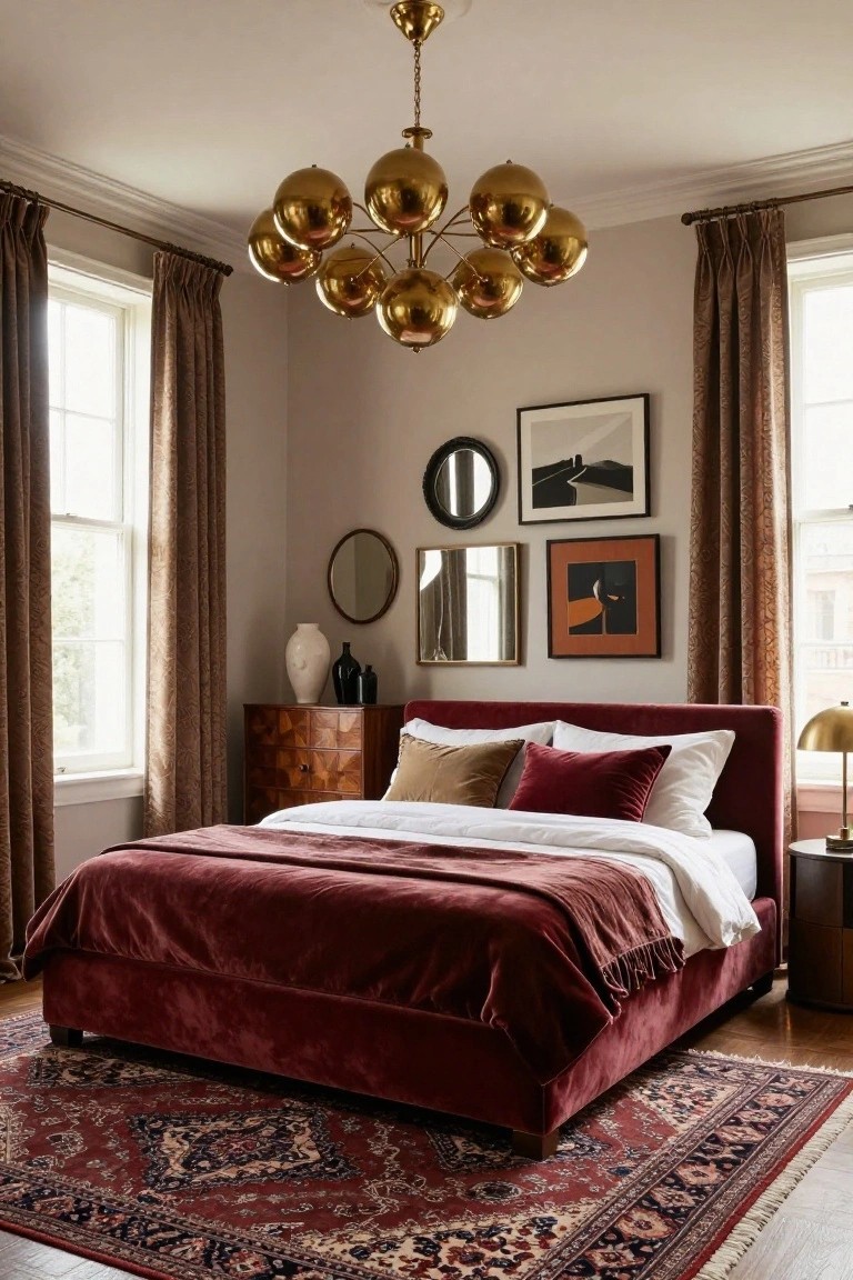 Corner bedroom with burgundy velvet upholstered bed on Persian rug, gold orb chandelier overhead, brass lamp on side table, wooden dresser holding vases, and wall art including mirrors and abstract prints near curtained windows.