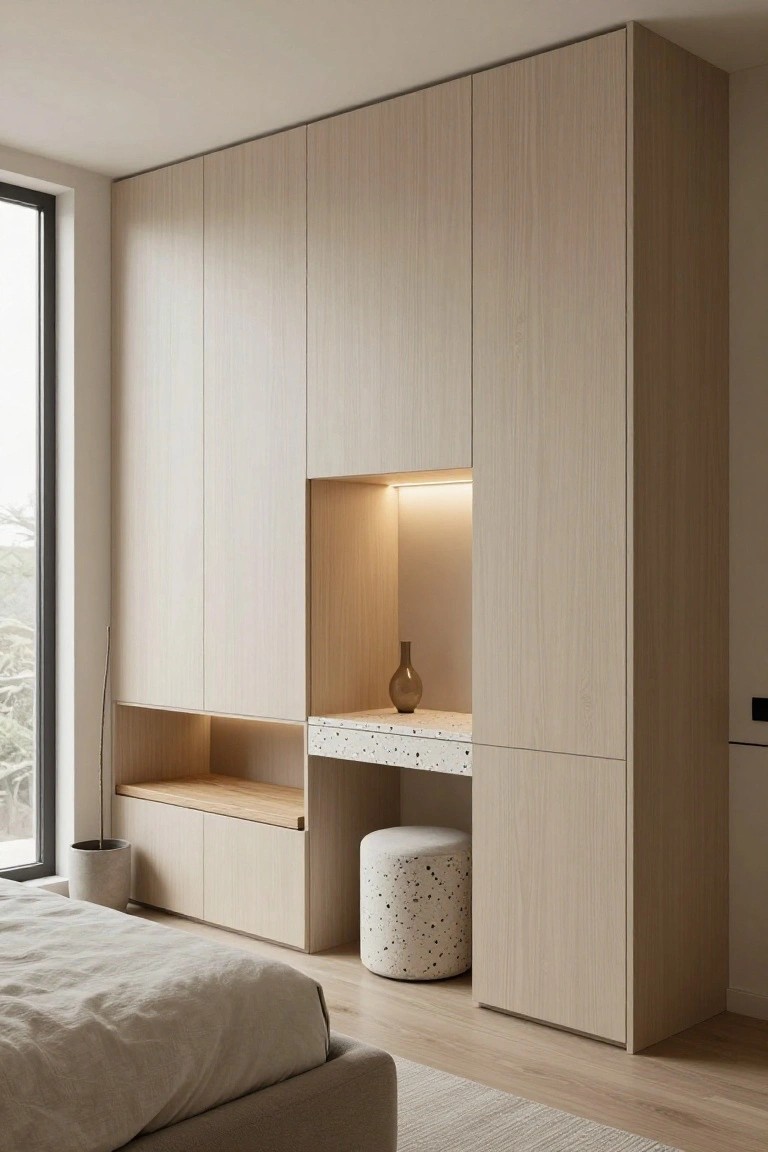 Modern light wood built-in wardrobe with terrazzo vanity niche and stool.