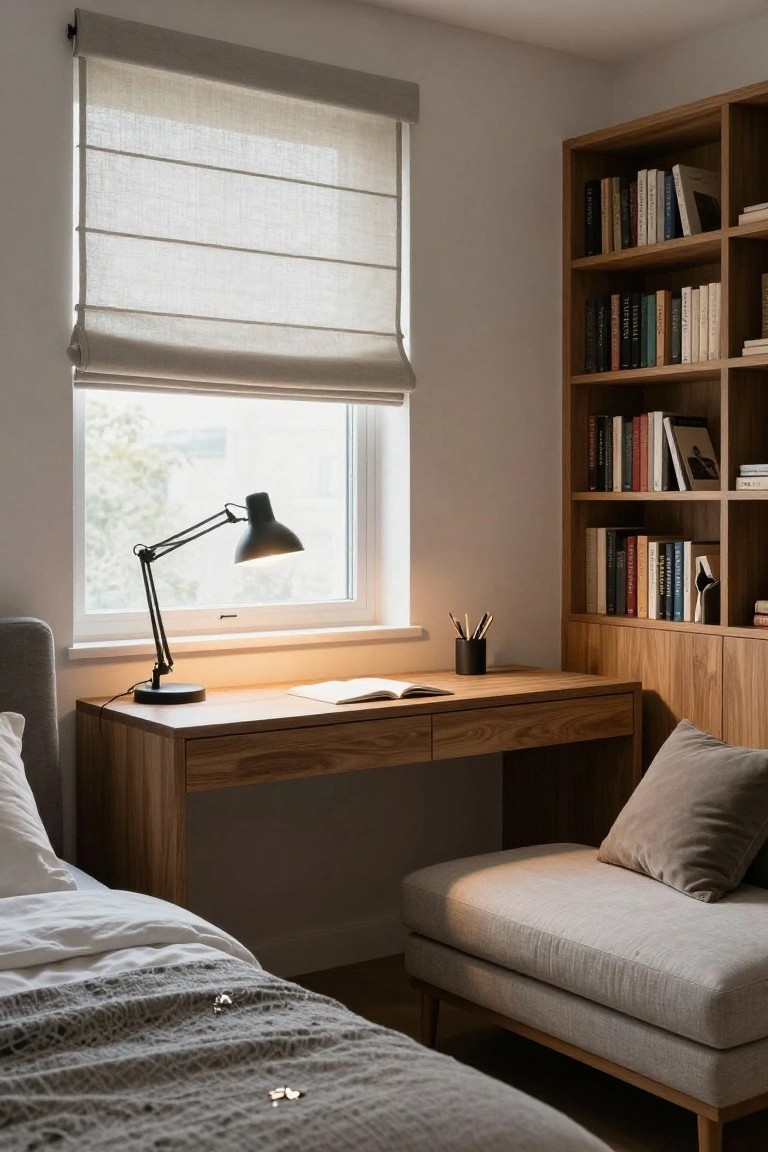 Bedroom corner with wooden desk holding an open book and black adjustable lamp, built-in wooden bookshelves filled with books above and beside it, bed with gray bedding nearby, and window covered by linen shade.