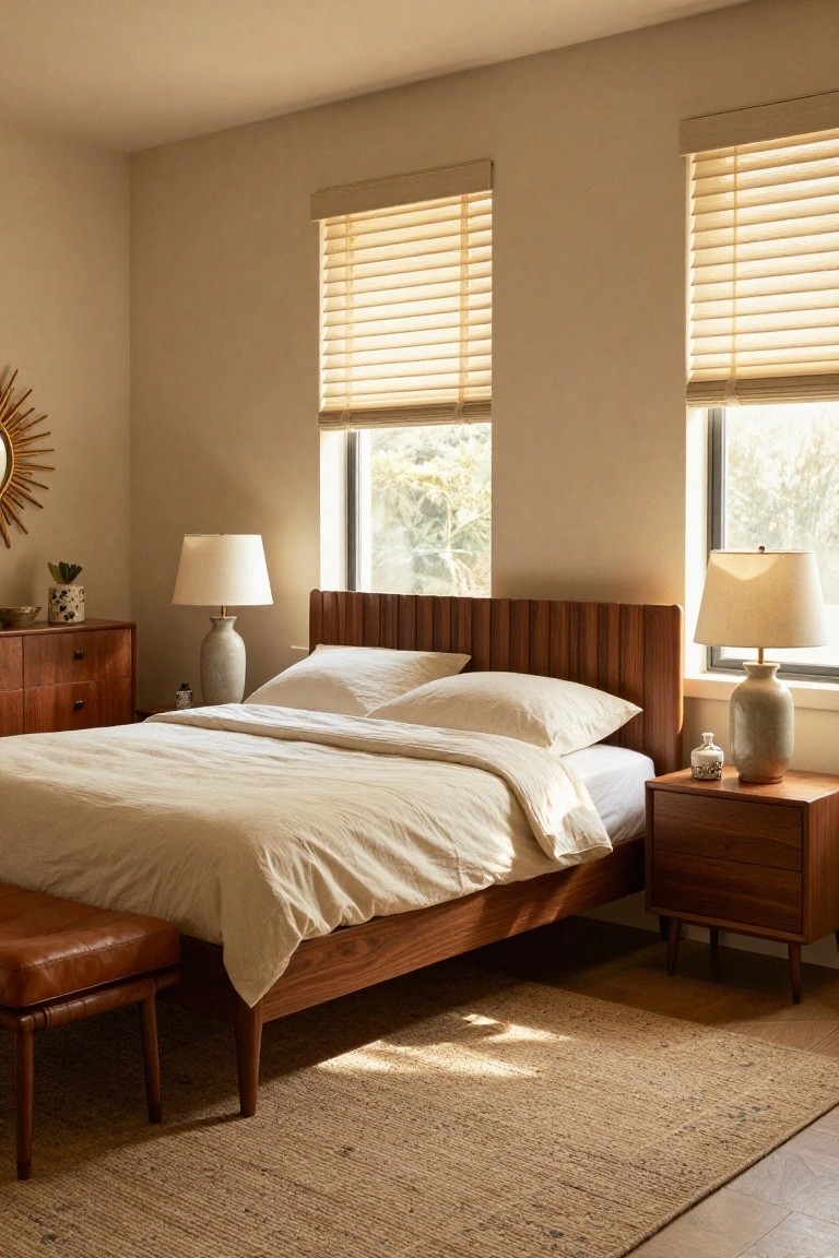 A sunlit bedroom with a low wooden bed featuring a vertical slat headboard, white linen bedding, matching wood dressers and nightstands with ceramic lamps, beige walls, and two windows with blinds.