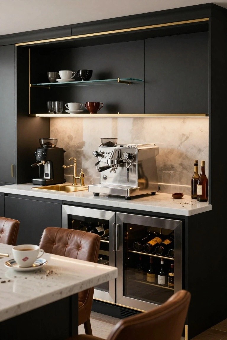 Modern luxury kitchen with matte black cabinets, brass hardware and faucet, stainless steel espresso machine and wine cooler, marble counters, and leather chairs at a white island.