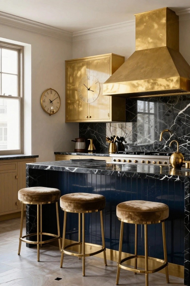 Kitchen interior with brass range hood, gold-painted upper cabinets, black marble countertops and backsplash, navy blue paneled island, brass bar stools with upholstered seats, and gold accessories.