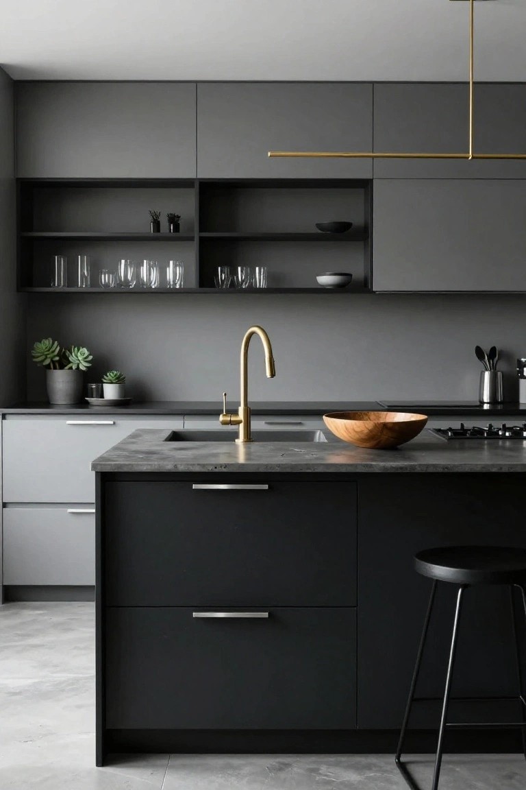 Modern kitchen featuring light grey lower cabinets, dark grey and black upper cabinets and island, matte black quartz countertop, brass arched faucet, thin gold linear pendant light, wooden bowl on island, potted succulents, and black stool.