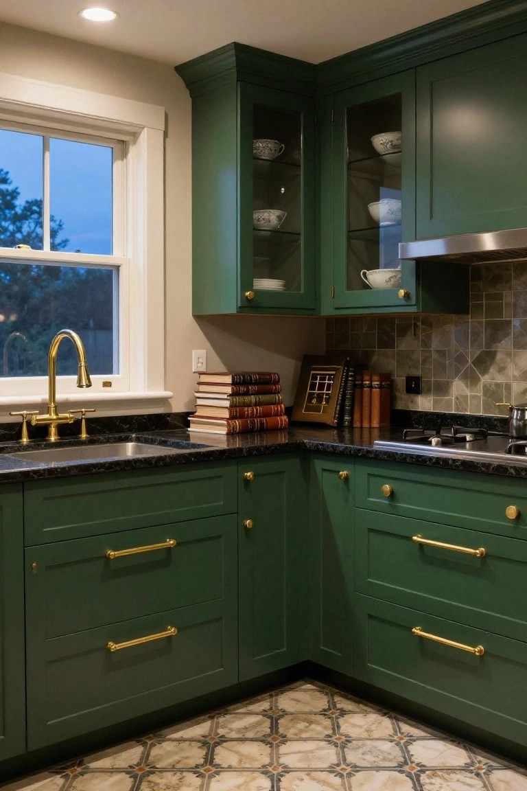 Corner view of a kitchen with hunter green lower cabinets featuring brass pulls, black granite countertops, a brass gooseneck faucet over a stainless steel sink, stainless steel cooktop and hood, and glass-front upper cabinets with white dishes.