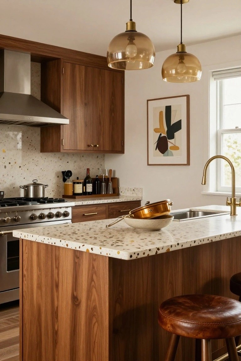 Contemporary kitchen with walnut cabinetry, brass pendant lights over island, gold faucet and cookware, terrazzo countertops, and leather stools at wood island.
