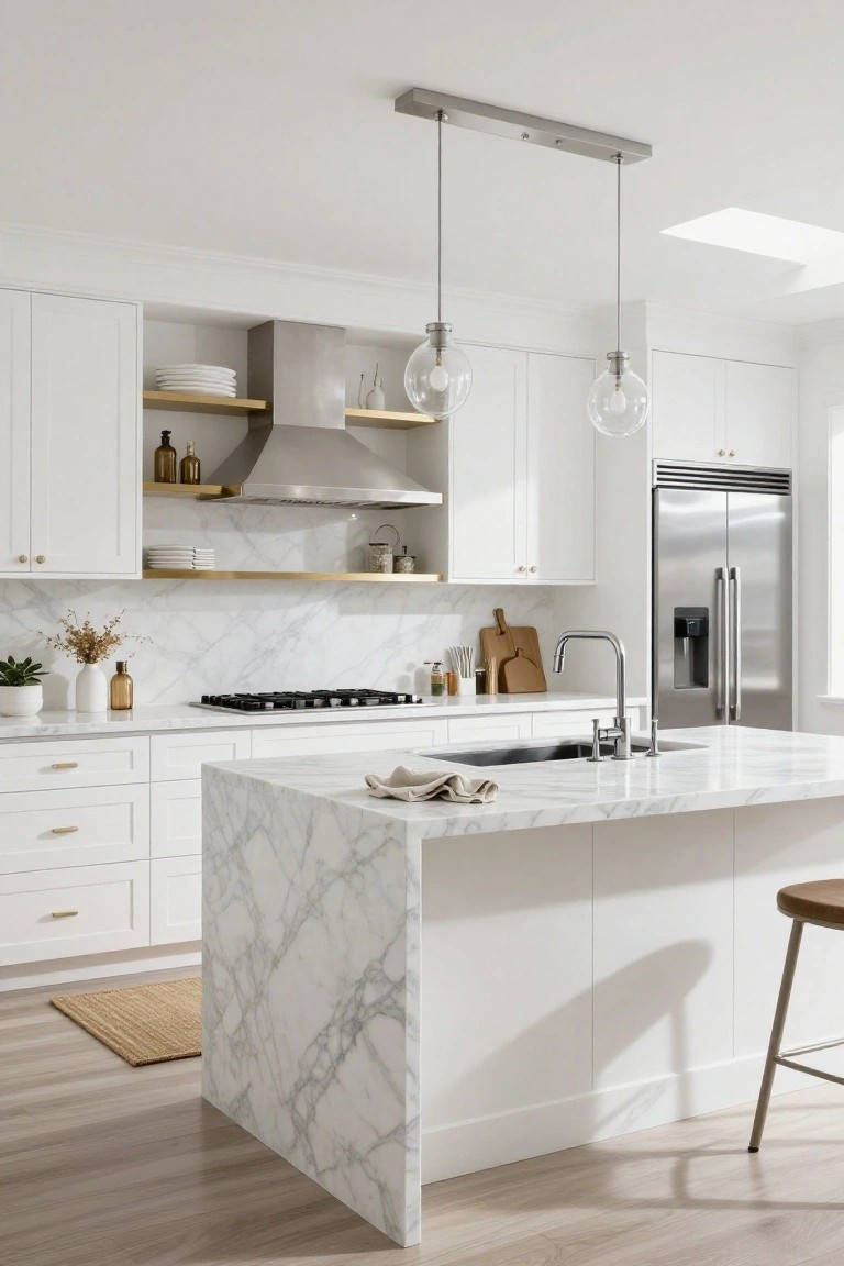 White kitchen with marble island and countertops, stainless steel range hood and fridge, brass cabinet hardware and shelves, glass pendant lights, and wood stool at island.