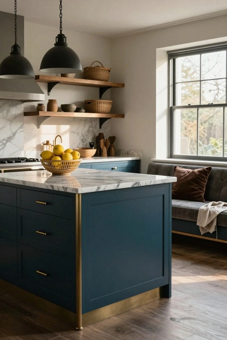 Kitchen featuring a navy blue island with brass handles, trim, and legs under two black pendant lights, marble countertops with lemons in a bowl, blue cabinets, wood shelves with baskets, and a window with trees outside.