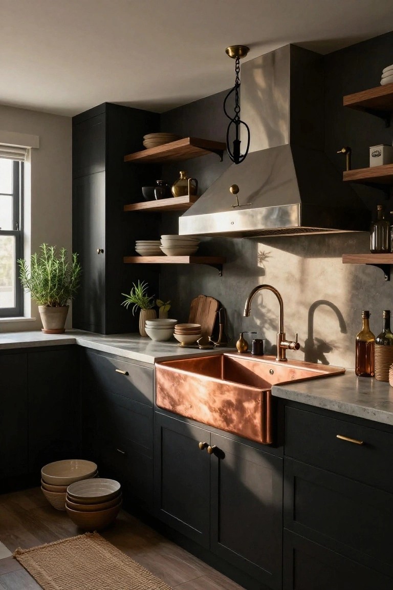 Kitchen interior with black cabinets, copper apron-front sink, brass faucet and hardware, wood floating shelves holding ceramics and plants, stainless steel range hood, and window with rosemary plant.