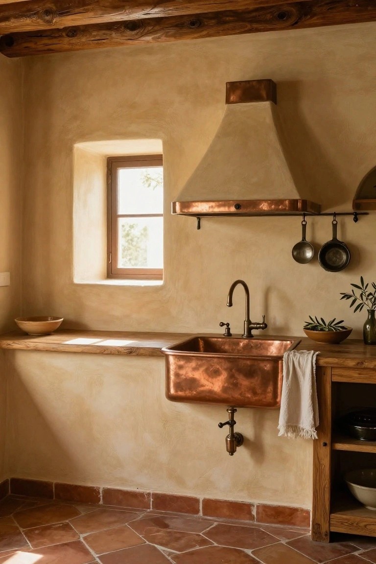 Rustic kitchen interior with beige plaster walls, exposed wooden beams, copper farmhouse sink, copper range hood, wooden countertop, hanging copper pots, and terracotta tile floor.