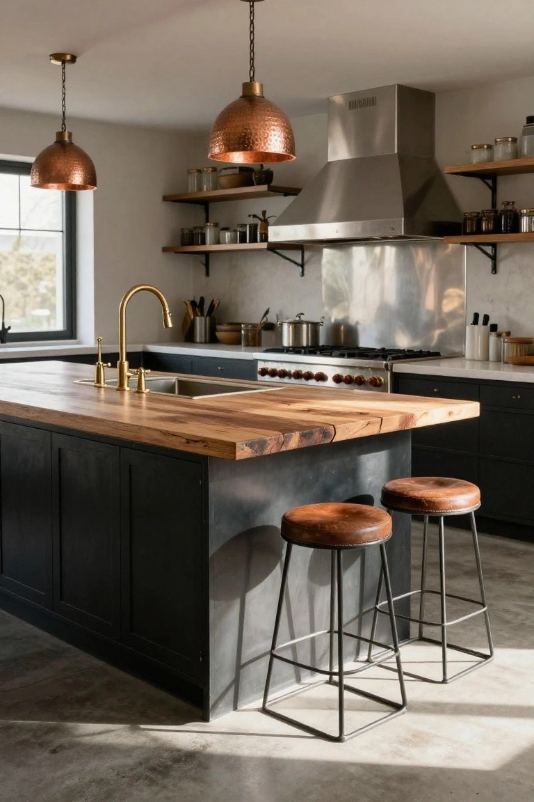 Kitchen with wooden island topped by sink and gold faucet, two copper pendant lights overhead, stainless steel range hood, black cabinets, leather stools, and concrete floor.