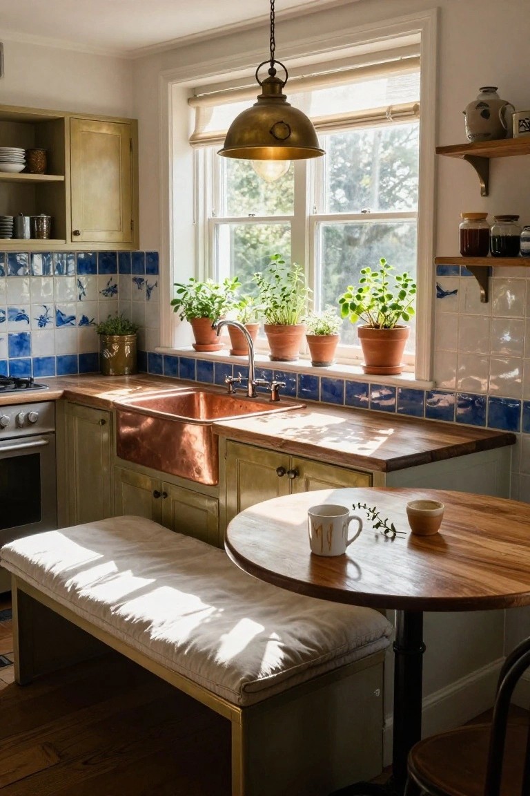 Sunlit kitchen interior with aged green cabinets, blue patterned tile backsplash, copper apron-front sink, brass pendant lamp overhead, potted herbs on windowsill, wooden countertops, and small round table with bench seating.