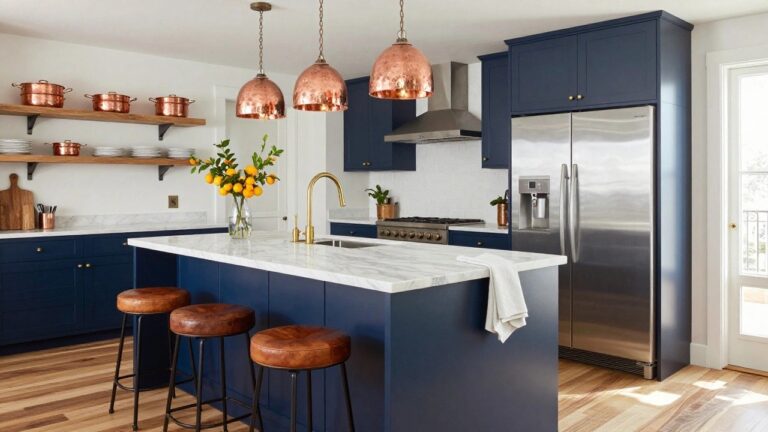 Kitchen with navy blue island topped in white marble, two hammered copper pendant lights hanging above, brass pull-out faucet at sink, stainless steel refrigerator and range, wood cabinets with open shelves displaying copper pots and white dishes, and wood flooring.