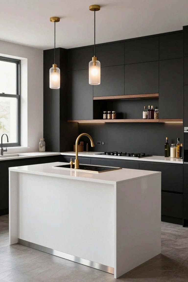 Modern kitchen interior with matte black cabinets, white island and countertops, gold faucets, pendant lights, and a gas cooktop.