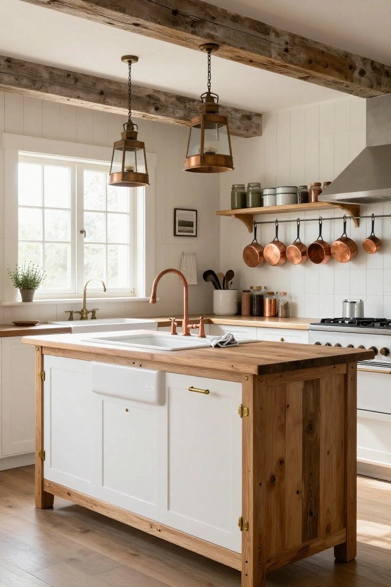 White kitchen with wooden island featuring farmhouse sink and brass faucet, hanging copper pots on white tiled wall, brass pendant lanterns, and wooden ceiling beams.