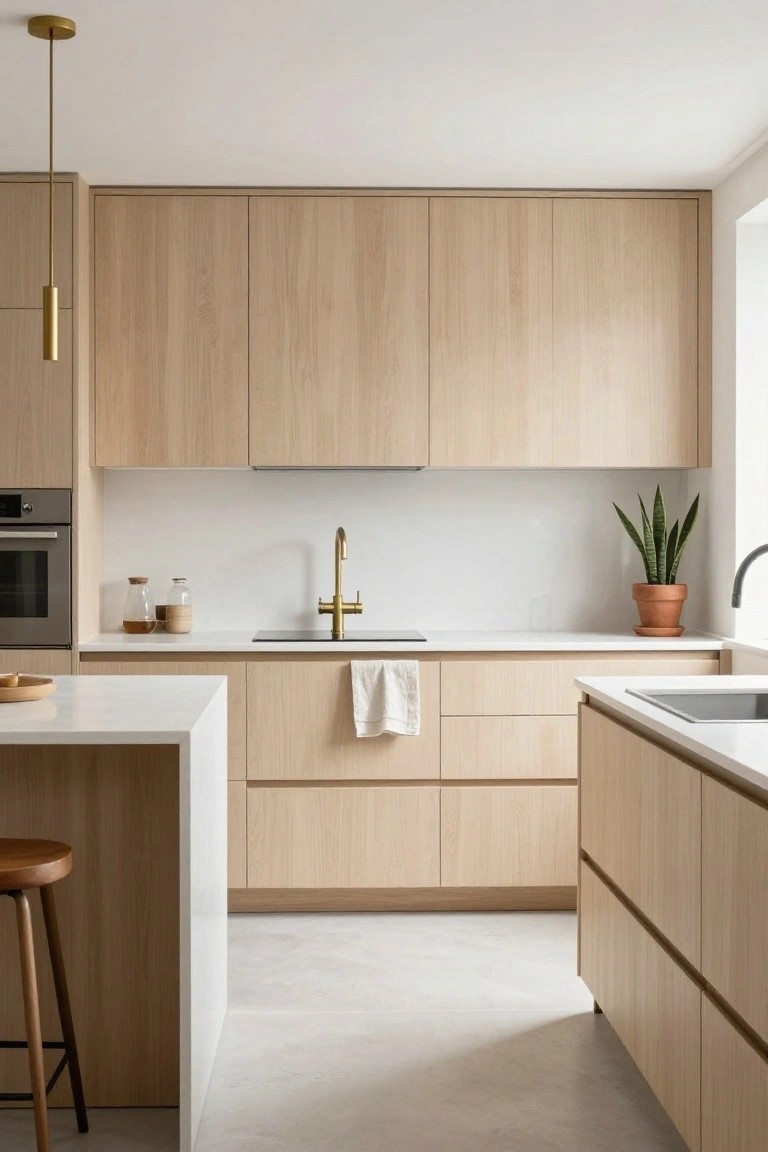 Modern kitchen interior with light oak cabinets, white countertops and island, brass pendant light and faucet, stainless steel oven and sink, wooden bar stool, potted plant, and terrazzo-style floor.