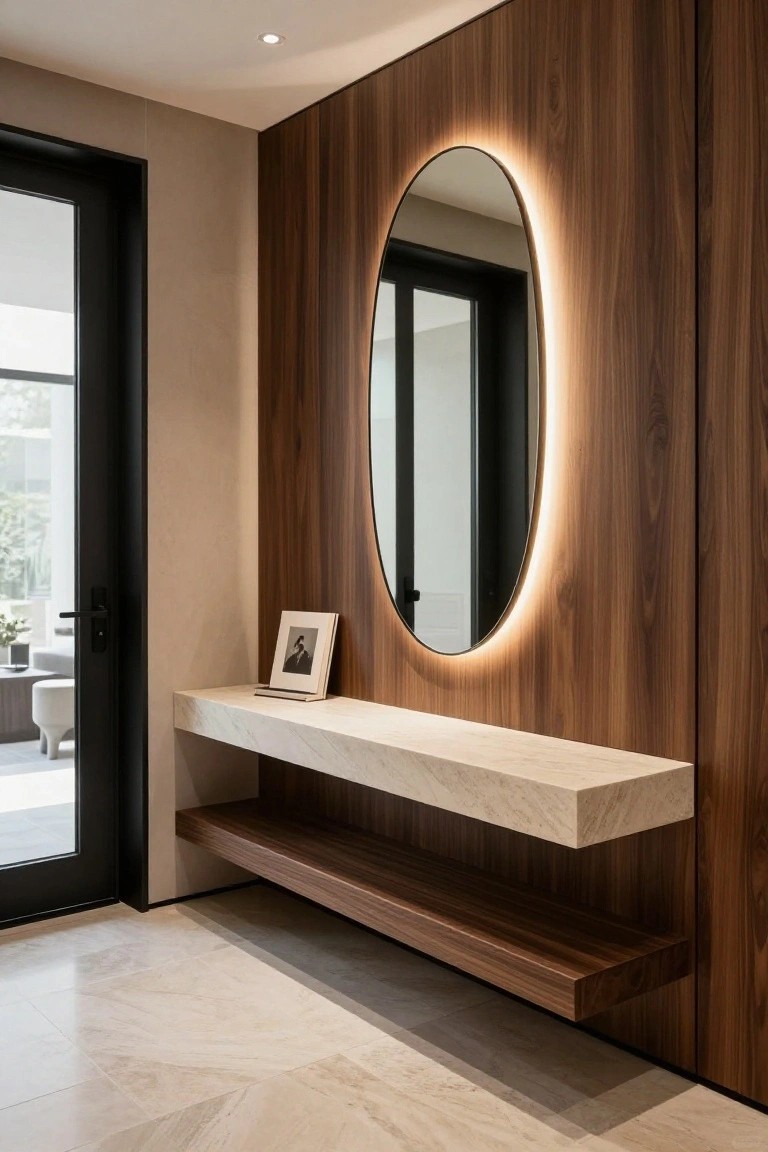 Modern interior entryway with walnut wood paneled wall featuring a large oval mirror with edge LED backlighting, floating white marble console shelf with a small framed photo, black framed glass door to outdoors, and light travertine floor.