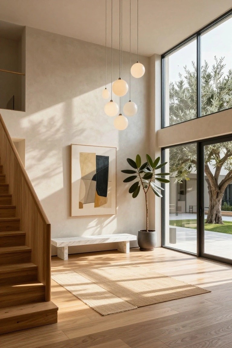 Modern entry hall interior with wooden staircase, white marble bench, potted green plant, large abstract artwork on beige wall, multi-globe pendant light, light oak floors, and floor-to-ceiling windows showing olive tree and garden outside.