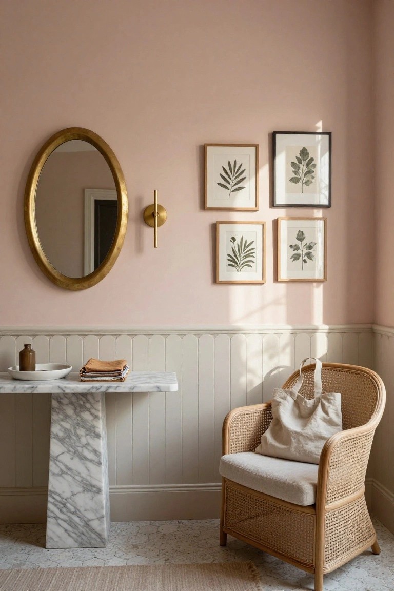 Blush pink upper walls and white scalloped wainscoting in a corner entry space with gold oval mirror, botanical leaf prints in wood and black frames, white marble pedestal console table holding a vase, dish, and folded orange towels, rattan armchair with beige tote bag, and hexagon tile floor with seagrass rug.
