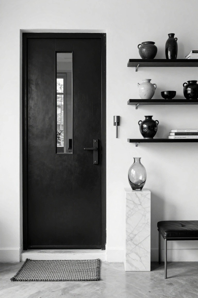 Black-and-white photo of a modern entryway with a black door featuring a vertical window, three floating shelves displaying ceramic vases and bowls in black and white, a marble pedestal holding a glass vase, and a black leather bench beside a woven doormat on a concrete floor.