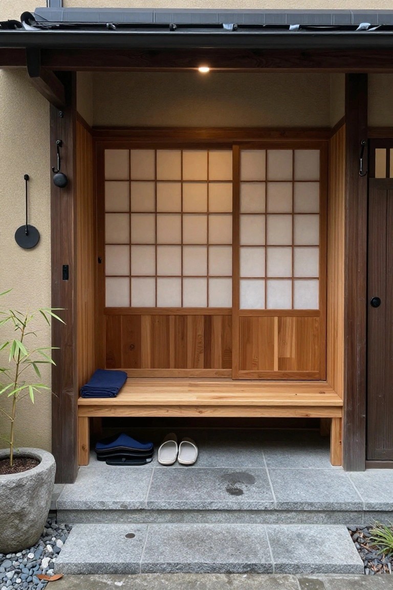 Japanese-style home entrance showing closed shoji screens, a wooden bench with blue towel shoes slippers and bag underneath, potted bamboo plant, black wall light, and gray stone steps with gravel.