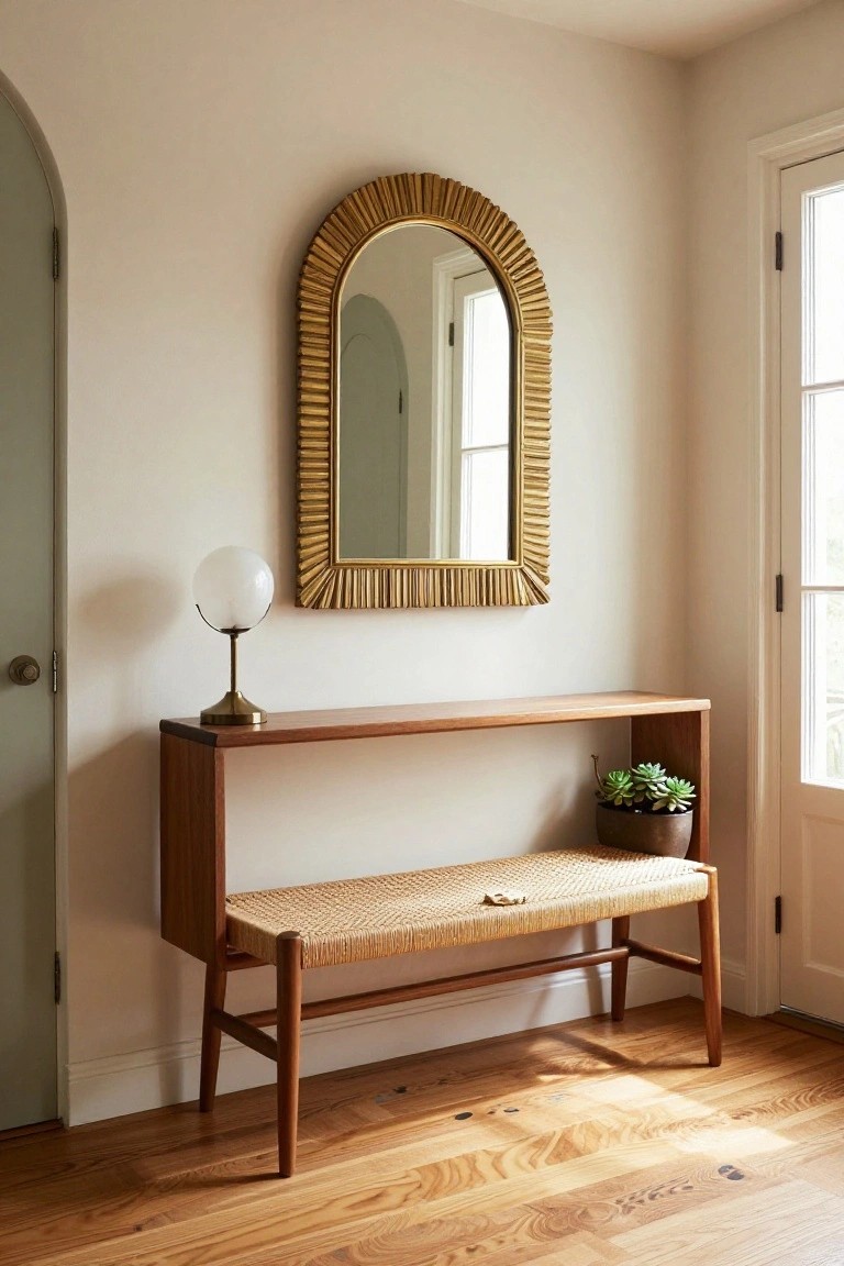 White entryway corner with slim wooden console table topped by brass lamp and potted succulents, rattan bench underneath, large gold arched mirror on wall, arched interior door, and glass French doors beside oak wood floor.