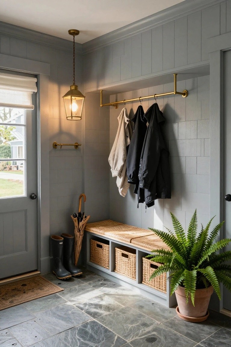 Gray shiplap entryway with brass wall hooks holding coats and jackets, wooden bench with wicker storage baskets underneath containing boots and umbrella, potted fern plant, lantern light fixture, and slate tile floor.