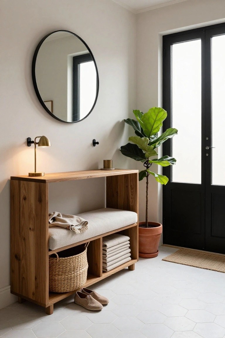Wooden console bench with beige cushioned seat, wicker basket and stacked towels in shelves, next to potted fiddle leaf fig plant, round black mirror, gold wall lamp, black French doors, white hexagonal floor tiles, and pair of beige shoes on floor.