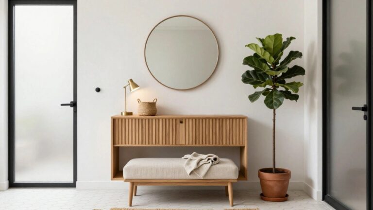 Wooden console bench with beige cushioned seat, wicker basket and stacked towels in shelves, next to potted fiddle leaf fig plant, round black mirror, gold wall lamp, black French doors, white hexagonal floor tiles, and pair of beige shoes on floor.