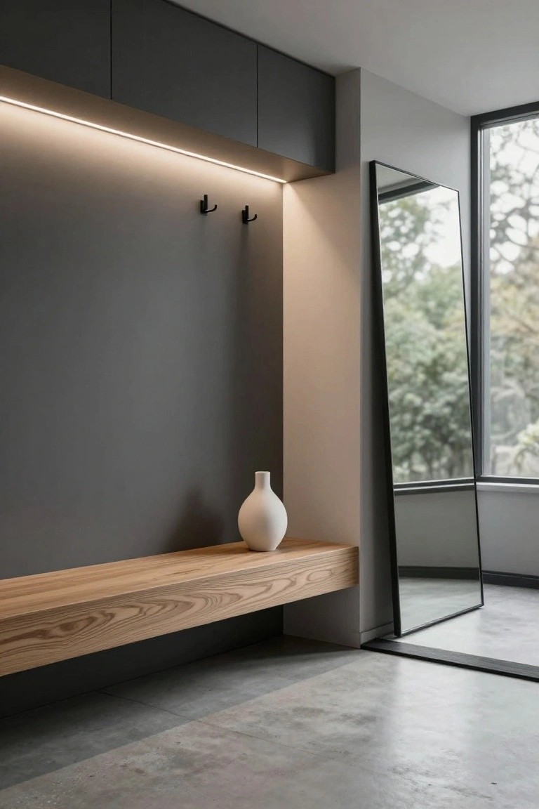 Modern entryway with gray wall cabinets, black wall hooks, overhead LED strip lighting, floating light wood bench holding a white vase, tall black-framed mirror, large window to trees, and polished concrete floor.