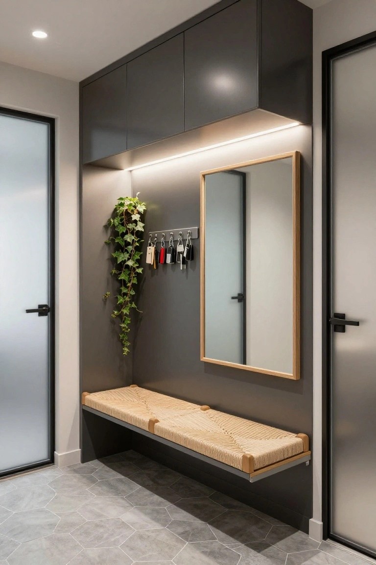 Modern entryway with floating black bench featuring rattan seat and under-cabinets, wooden-framed mirror, ivy plant on textured gray wall, metal key hooks, and gray door beside hexagonal gray tile floor.