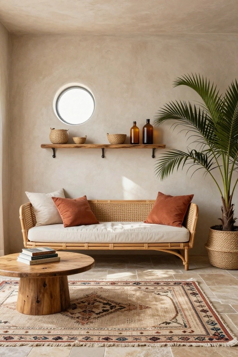 Beige textured interior corner with curved white rattan daybed and rust pillows, round wooden coffee table holding stacked books, floating wood shelves displaying seagrass baskets and amber glass bottles, tall potted palm in woven basket, round window, and faded Persian rug on stone tile floor.