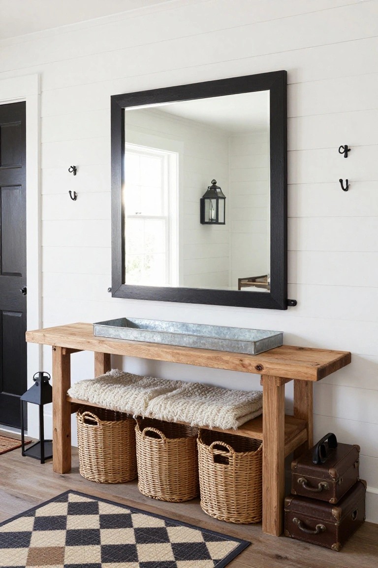 White shiplap entryway with black front door, large square black-framed mirror on wall, wooden console bench holding three wicker baskets underneath and galvanized tray on top, two lanterns, coat hooks, vintage suitcases, and black-and-white checkered rug on wood floor.