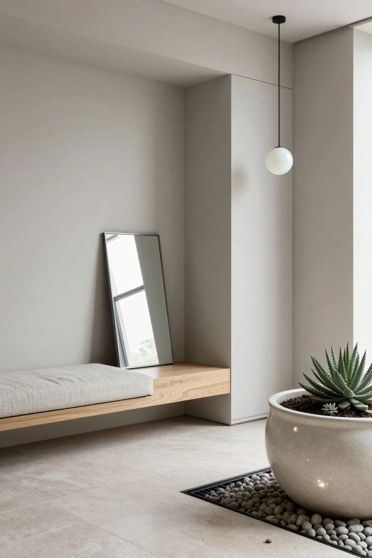 Modern minimalist entrance hallway featuring a floating wooden bench seat, full-length leaning mirror, white pendant light, and large potted aloe plant on a pebble-filled tray next to light gray walls and tiled floor.