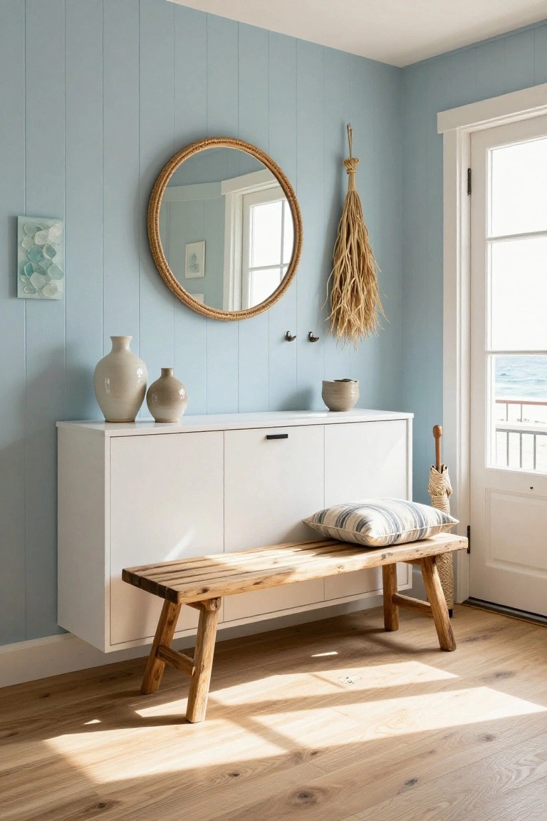 Light blue shiplap walls in an entryway with white cabinetry topped by ceramic vases and a bowl, gold-framed round mirror, wheat bundle hanging, wooden bench with striped cushion, seagrass umbrella by the door to ocean view, and light wood floors.