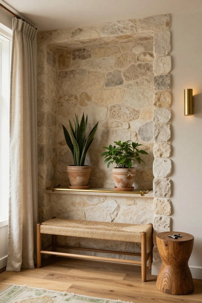 Corner interior with beige stone wall niche containing two potted plants on a brass shelf, linen curtain on window, rattan bench, wooden stool with items on top, wood floor, and green rug.