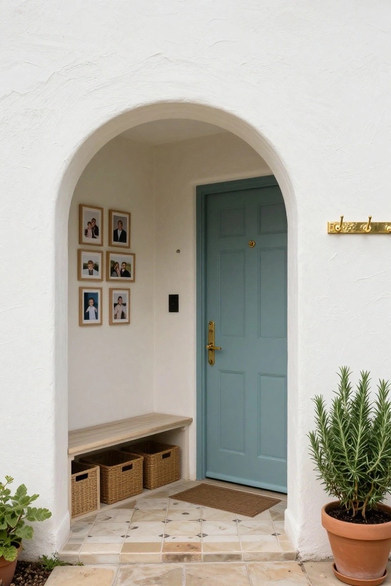 White stucco wall with arched recessed entryway featuring a teal paneled front door, framed family photos, wooden bench with three woven baskets underneath, potted rosemary plants, and a brown doormat on tiled steps.