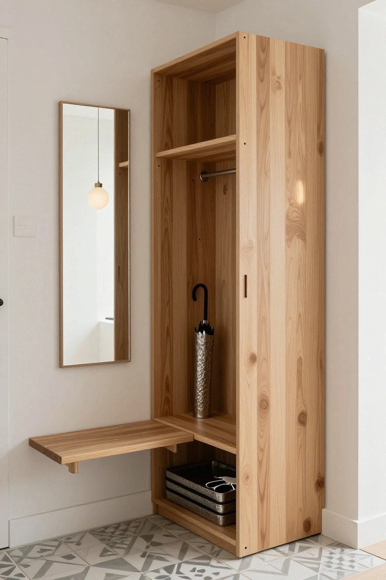 Tall narrow pine wood cabinet in a white entryway with open upper shelves, central coat rod, umbrella inside a door, protruding side bench, lower shoe bins, slim vertical mirror on adjacent wall, and patterned tile floor.