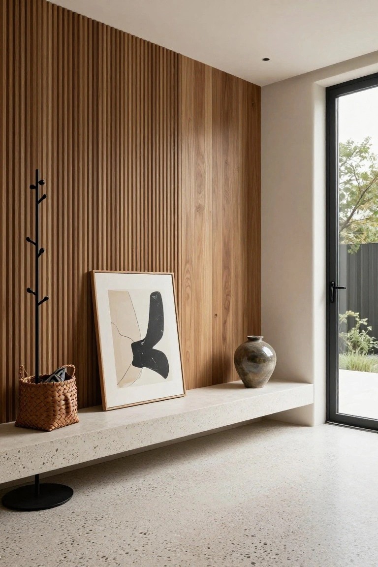 Entryway with vertical oak slat wall paneling, black metal coat rack holding a basket, framed abstract line drawing, gray ceramic vase on concrete shelf, and black-framed glass door to backyard garden.