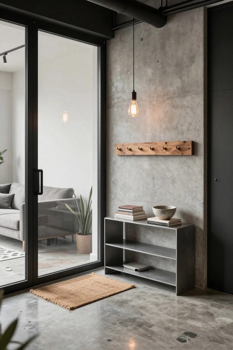 Entryway featuring exposed concrete walls and floor, black-framed sliding glass door, wall-mounted wooden peg rail with six hooks, black metal shelving unit holding books and a ceramic bowl, potted snake plant, jute rug, and hanging pendant lights.
