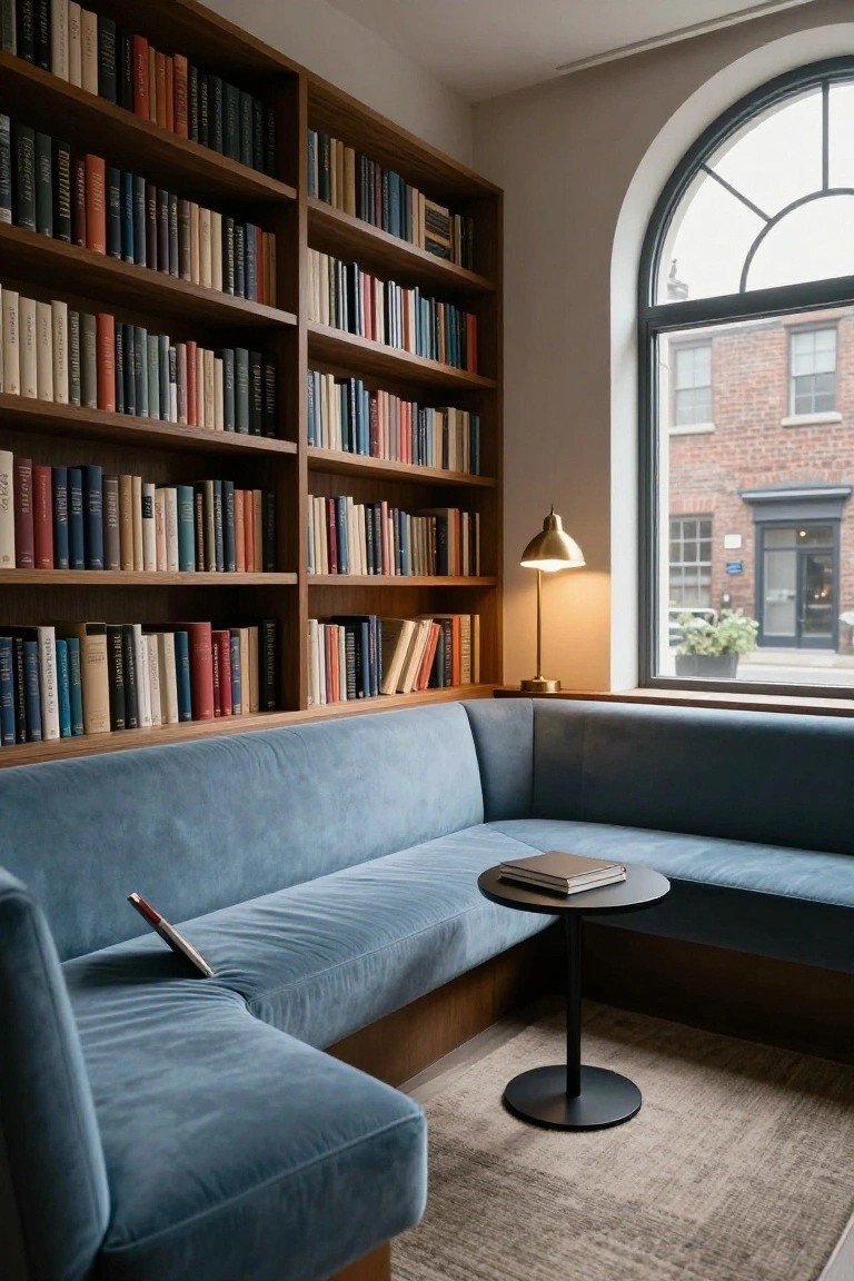 Corner L-shaped sofa upholstered in blue velvet positioned against wooden bookshelves in a room with an arched window, brass lamp, small round table with books, and view of brick exterior buildings.